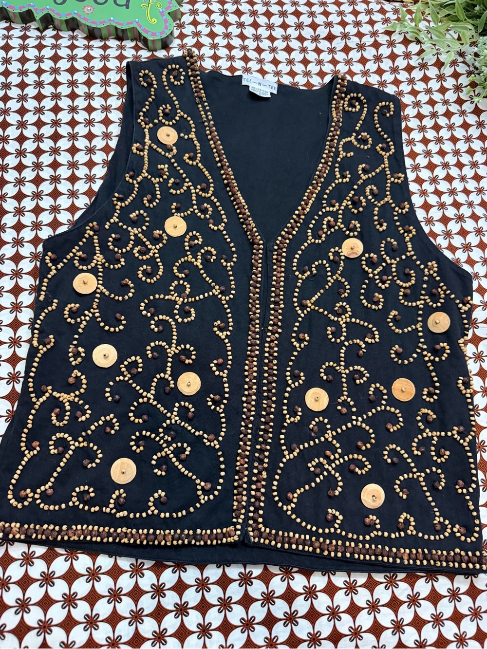 Vintage wood Beaded Embellished Black Women's Vest